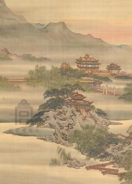 工画山水,楼阁,界画,画风工整,华丽.